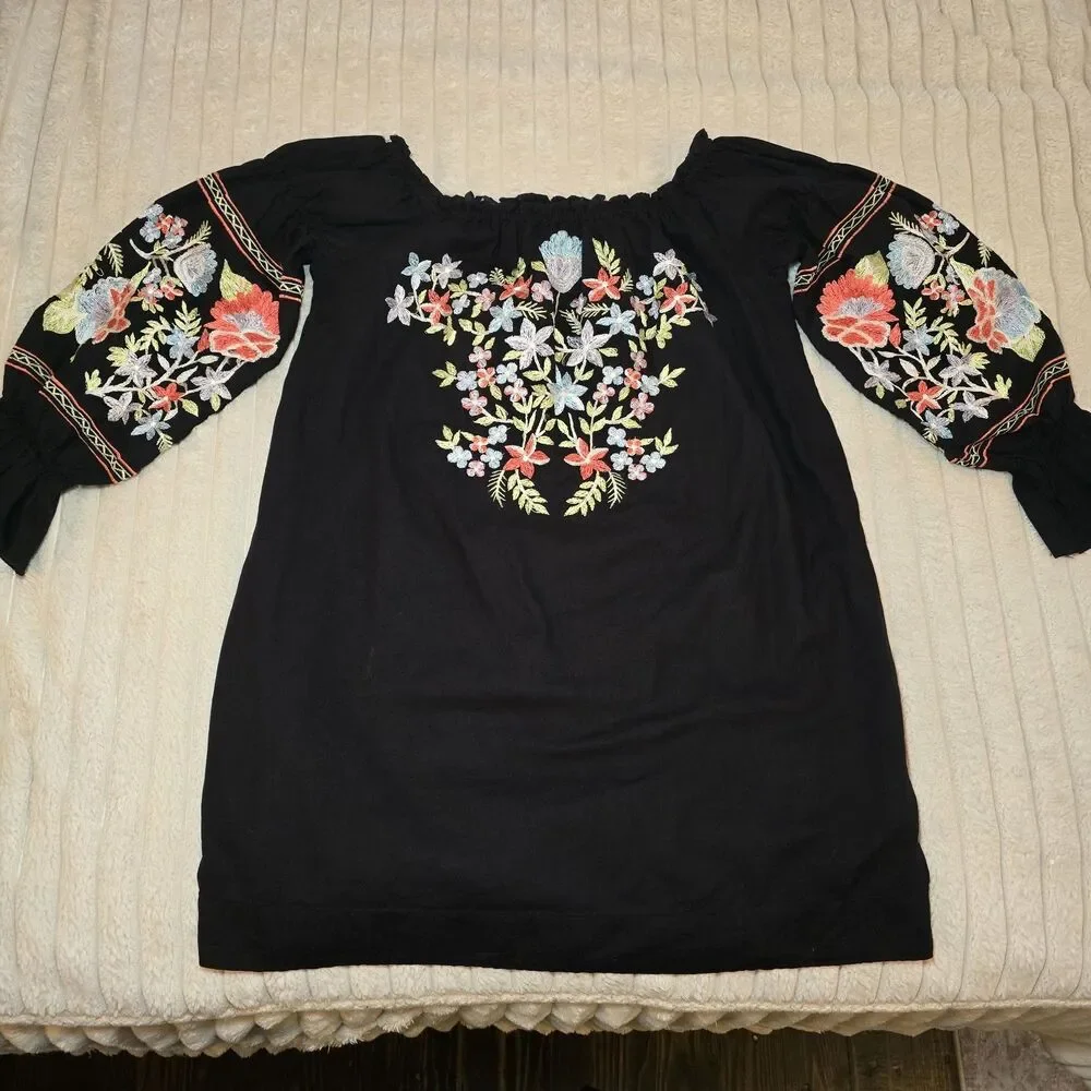 Free People Black Fleur Du Juor Off Shoulder Shift Mini Dress XS Cotton Pockets